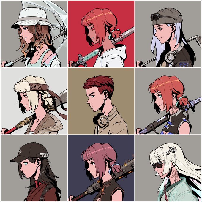 A 3x3 grid of nine anime-style character profile portraits, each with distinct hair colors, accessories, and weapons, representing diverse "Elemental" characters. The stylized character designs visually reinforce the post's message that Azuki Elementals is a strong, enduring IP whose creative characters stand firm despite market fluctuations.