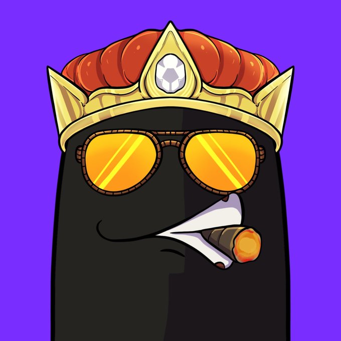 A cartoon black blob character wears a golden crown adorned with a diamond and orange-tinted sunglasses while casually smoking a cigar, set against a bright purple background—visually representing the "4,444 Ink Blobs" NFT collection being promoted for the Ink blockchain community.