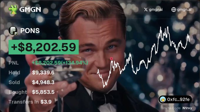 GMGN token tracker showing $PONS with +$8,202.59 (+134.94%) gain featuring Leonardo DiCaprio from The Great Gatsby toasting with a champagne glass.