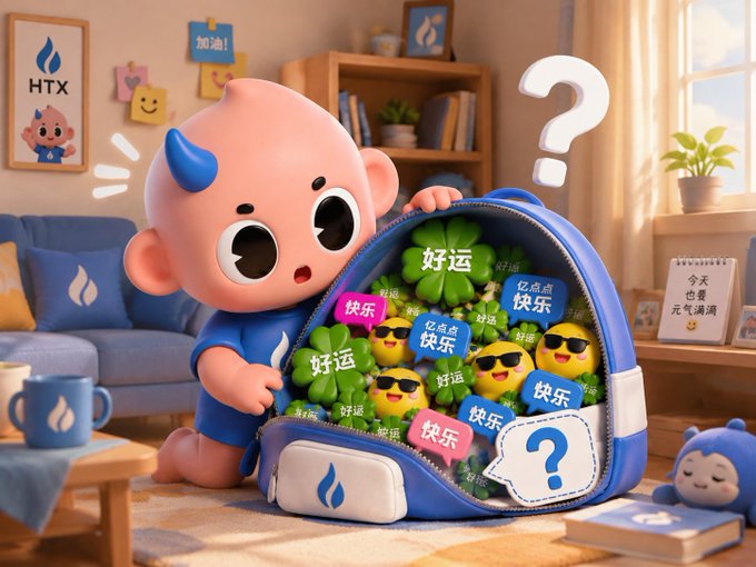 A colorful HTX (Huobi) promotional image featuring a cartoon baby character with blue horns opening a backpack filled with smiley emojis and Chinese characters meaning 'good luck' and 'happy'.