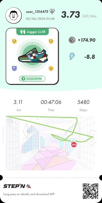The image shows a phone screen displaying a fitness app called "StepN" with a map of a hallway, which is part of an exercise program designed for walking or running. The app tracks steps taken, distance traveled, calories burned, and other data related to physical activity. The post also mentions that the app has been downloaded by someone named "stepn".