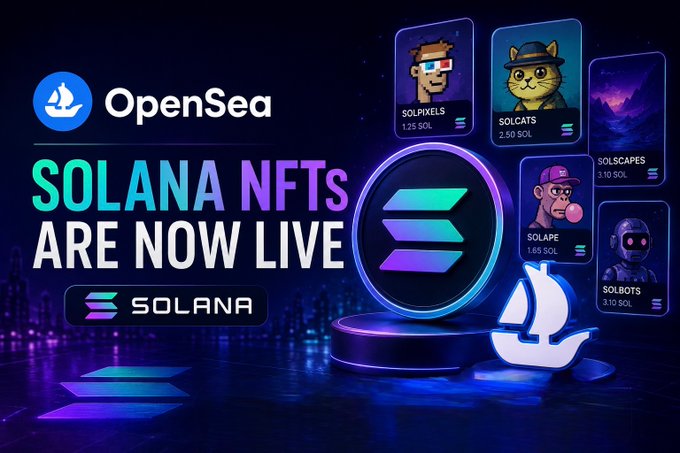 A promotional graphic announces 'OpenSea' with 'SOLANA NFTs ARE NOW LIVE' text, featuring a Solana logo, a stylized sailboat, and NFT listings including 'SOLPIXELS 1.25 SOL', 'SOLCATS 2.50 SOL', 'SOLSCAPES 3.10 SOL', 'SOLAPE 1.65 SOL', and 'SOLBOTS 3.10 SOL'.