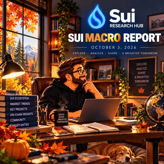 An illustrated promotional poster for the "SUI MACRO REPORT" dated "OCTOBER 3, 2026" shows a thoughtful bearded man with glasses working at a cozy autumn-themed desk with a laptop, a golden retriever at his feet, and a list of topics including "SUI ECOSYSTEM" and "MARKET TRENDS."