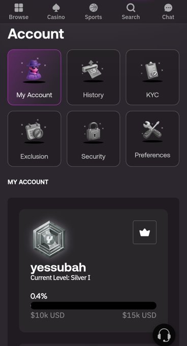 An account settings screen showing options like Browse, Casino, Sports, Search, and Chat, with a user profile named 'yessubah' at Silver I level with 0.4% progress between $10k USD and $15k USD.