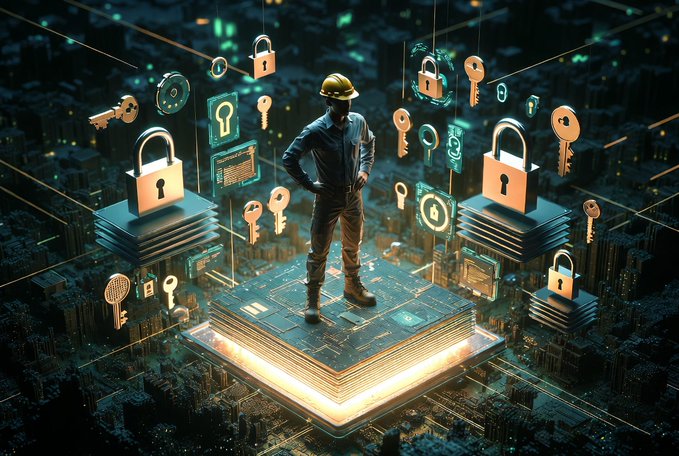 A digital illustration of a worker in a yellow hard hat standing on a glowing server-like platform, surrounded by floating padlocks and keys against a dark circuit-board backdrop, symbolizing cybersecurity.