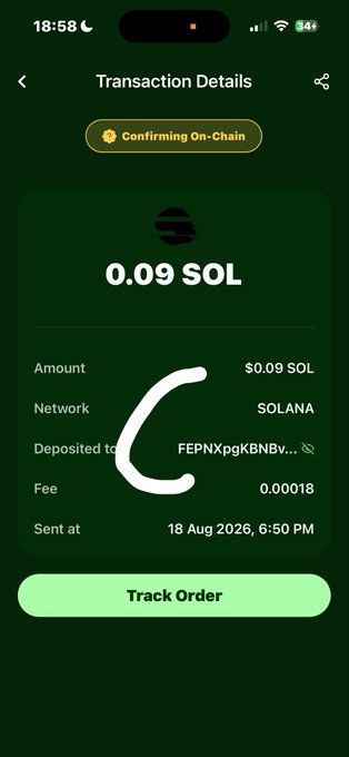 A screenshot of a Solana transaction details page showing a 0.09 SOL deposit to address "FEPNXpgkBNBv..." with a status of "Confirming On-Chain," which the user claims was mistakenly sent to a memecoin contract address on their first day trading.