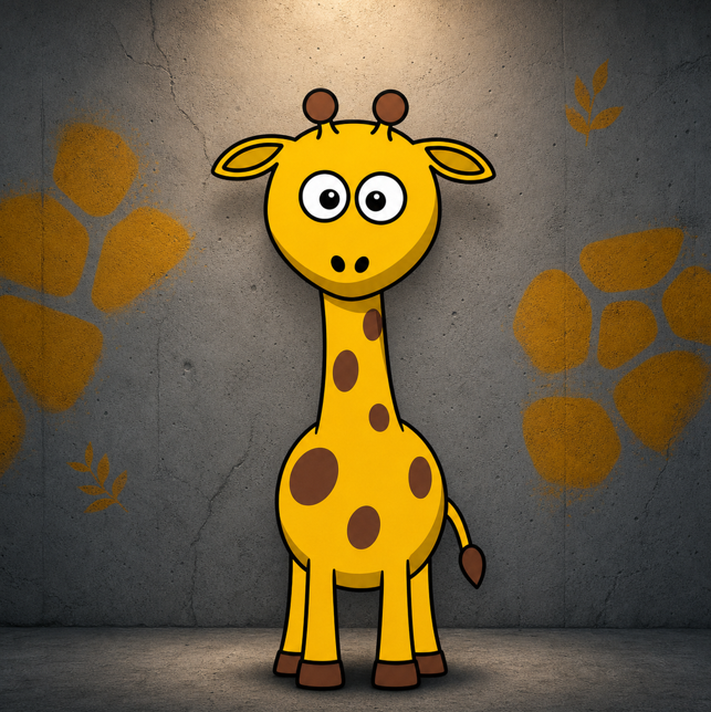 A cartoon giraffe illustration with brown spots stands against a textured gray wall decorated with painted yellow flowers and leaves.