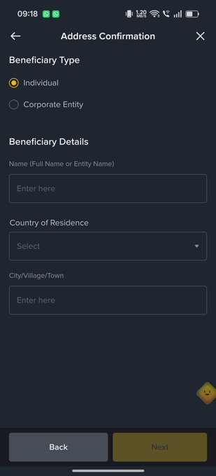 A mobile app screenshot displays an 'Address Confirmation' form with fields for 'Beneficiary Type' (Individual/Corporate Entity), Name, Country of Residence, and City/Village/Town, with Back and Next buttons at the bottom.
