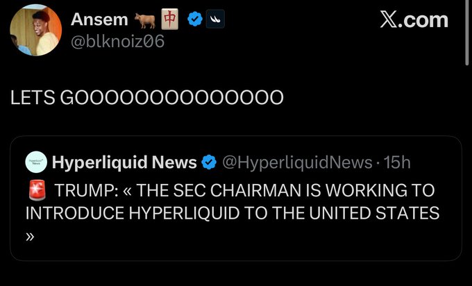 X (Twitter) post by Ansem (@blcknoiz06) reading 'LETS GOOOOOOOOOOOOOOO' quoting a Hyperliquid News tweet about Trump stating the SEC Chairman is working to introduce Hyperliquid to the United States.