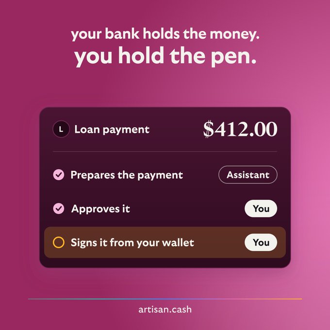 A promotional image for artisan.cash features the slogan "your bank holds the money. you hold the pen." alongside a transaction interface showing a $412.00 loan payment being prepared by the assistant, approved by the user, and signed from the user's own wallet. The design reinforces the post's message about user-controlled, self-custodied USDC payments.