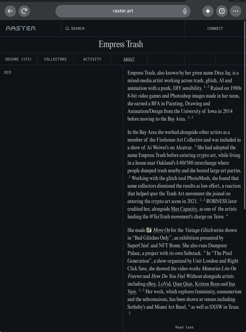 A webpage screenshot from raster.art displays information about 'Empress Trash,' a mixed-media artist also known as 'Drea Jay,' with a bio describing her work across trash, glitch, AI, and animation mediums.