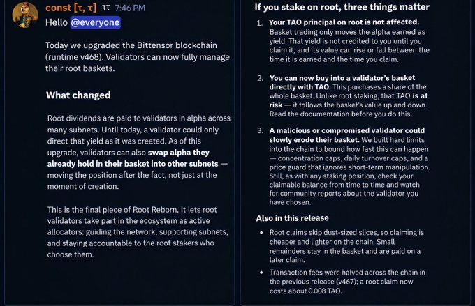 A Discord message from 'const' announcing a Bittensor blockchain (runtime v468) upgrade for the Root Reborn, allowing validators to swap and manage baskets, with details on TAO staking risks.