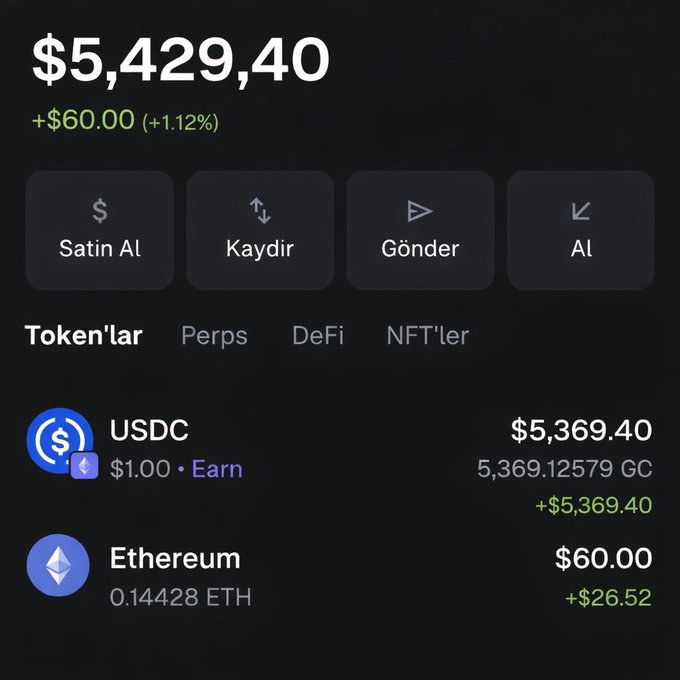 A crypto wallet screenshot in Turkish displays a balance of $5,429.40 (up +$60.00 or +1.12%), showing holdings of USDC ($5,369.40 / 5,369.12579 GC) and Ethereum ($60.00 worth of 0.14428 ETH, +$26.52). This payout from a "web3 gig" likely represents earnings received in USDC stablecoin along with a small amount of ETH, supporting the post's gratitude for web3 job opportunities.