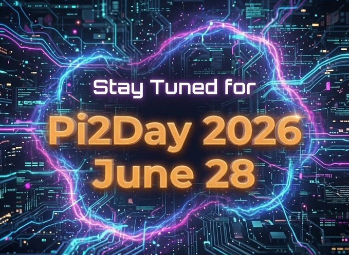 A vibrant, futuristic graphic with neon purple and blue circuitry patterns features the text "Stay Tuned for Pi2Day 2026 June 28" in glowing orange and white lettering. The image serves as a teaser announcement for the upcoming Pi2Day celebration, prompting Pi Network pioneers to share what single announcement they most hope to hear from the Core Team on that date.