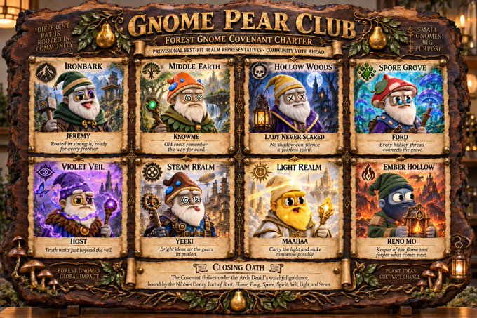 A whimsical illustrated poster titled 'GNOME PEAR CLUB' features eight gnomish characters representing Forest Gnome Covenant Charter locations like Ironbark, Middle Earth, Hollow Woods, and Spore Grove.
