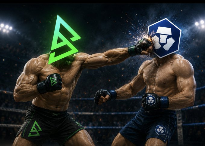 A digital illustration of two muscular MMA fighters in a boxing ring, one wearing green trunks with a green triangular logo head and the other wearing dark blue trunks with a white cryptocurrency-style logo head, with sparks flying from their punch.
