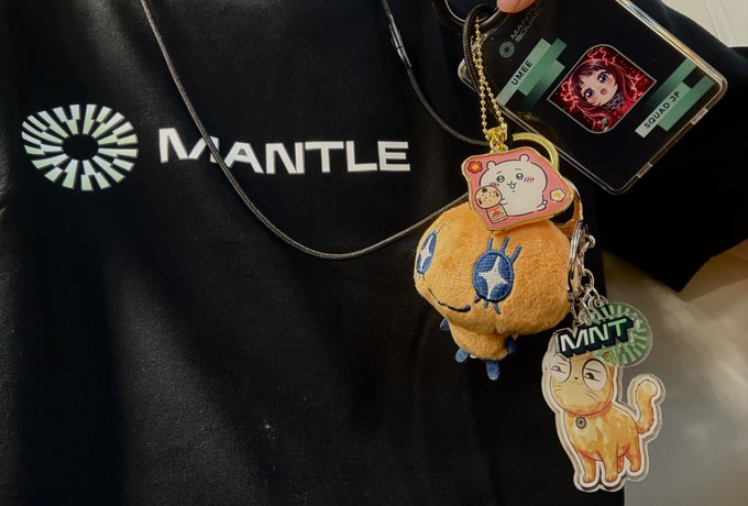 A close-up photo of a person wearing a black 'MANTLE' branded shirt, with several plush keychains and charms hanging from their neck, including a yellow plush, a 'MINT' cat charm, and other decorative items.