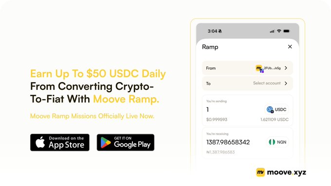 A mobile app advertisement for 'Moove Ramp' shows a crypto-to-fiat conversion screen, with text reading 'Earn Up To $50 USDC Daily From Converting Crypto-To-Fiat With Moove Ramp.'