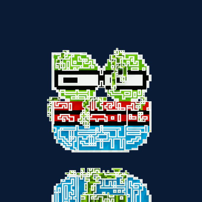 A digital artwork of a circular face composed entirely of QR code-like geometric patterns in green, red, and blue against a dark background, with a partial reflection below.