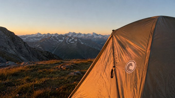 A mountain tent catches the golden glow of sunrise against a sweeping alpine horizon, symbolizing fresh starts and expansive possibilities that align with the post's theme of "the horizon widening with every share."