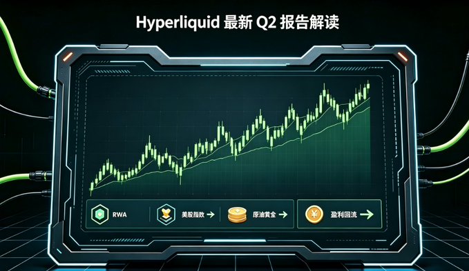 A digital dashboard displaying a stock or cryptocurrency chart trending upward, titled "Hyperliquid 最新 Q2 报告解读" with icons labeled "RWA", "美股指数", "原油黄金", and "盈利回流".