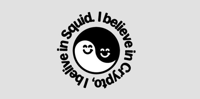 A circular black-and-white logo featuring a yin-yang style design with two smiling faces in the center, encircled by the curved text "I believe in Squid. I believe in Crypto." The whimsical mascot and playful slogan reinforce the post's enthusiastic announcement of the $QUID token generation event (TGE) on Base.