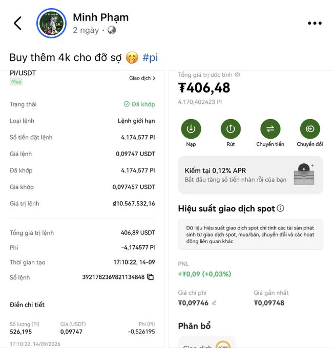 A cryptocurrency trading interface in Vietnamese showing a buy order for '4k' PI tokens priced at approximately ₫406.48, with order details including the price (0.09747 USDT) and a small profit of +₫0.09.