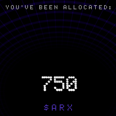 The image shows a screen with a clock displaying the number "750" at the top of the frame. The text below the clock reads "You've been allocated!: 750 $ARX @Sarkx". This message seems to be related to an allocation on a social media platform, possibly Twitter or Instagram.