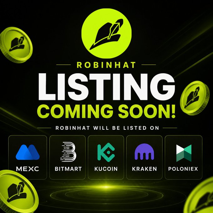 A promotional graphic announcing 'ROBINHAT LISTING COMING SOON!' showing the token will be listed on MEXC, BITMART, KUCOIN, KRAKEN, and POLONIEX exchanges.