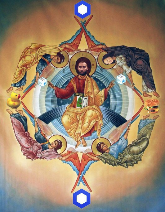 A Byzantine-style religious icon depicting Christ enthroned within a circular mandorla, surrounded by four angels, with the letters 'IC' and 'XC' on small tablets.