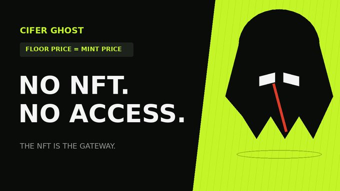 Promotional graphic for 'CIFER GHOST' NFT project with 'FLOOR PRICE = MINT PRICE' and the slogan 'NO NFT. NO ACCESS. THE NFT IS THE GATEWAY.' alongside a black ghost illustration on a green background.