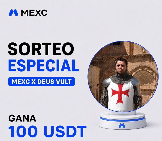 A MEXC promotional graphic for a "$100 USDT" giveaway features a knight in Templar armor, with text announcing a "SORTEO ESPECIAL" (special raffle) and "MEXC X DEUS VULT," supporting a post about a free crypto giveaway requiring followers to comment on USD price movement, follow, and retweet for a chance to win.