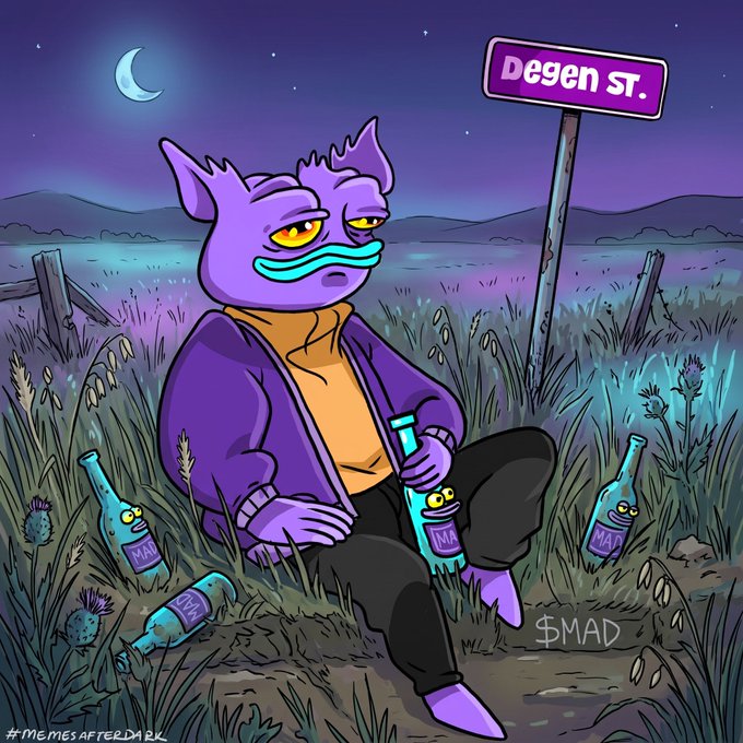 A purple, exhausted-looking cartoon creature sits under a "Degen St." sign at night, surrounded by empty "$MAD" bottles, visually capturing the "Work Hard, Play Hard" grind of Solana-based $MAD memecoin culture.