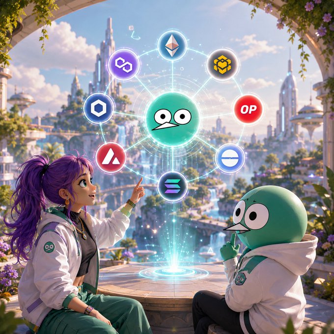 Anime-style illustration of a purple-haired girl pointing at a glowing cryptocurrency network featuring Ethereum, BNB, Polygon, Optimism (OP), Solana, and other token logos, with a green cartoon character watching.