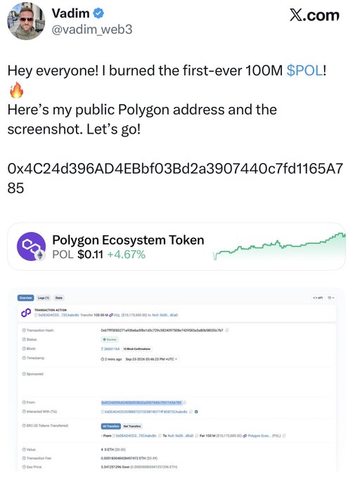 A tweet from Vadim (@vadim_web3) announcing the burning of the first-ever 100M $POL tokens, displaying his Polygon address and a screenshot showing the Polygon Ecosystem Token (POL) at $0.11 with a 4.67% increase.