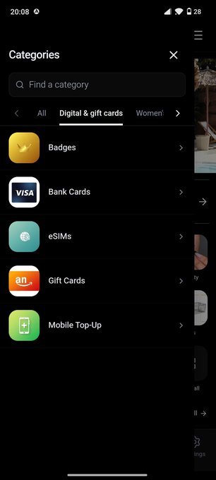 A mobile app screenshot displays a "Categories" menu with options including Badges, Bank Cards, eSIMs, Gift Cards, and Mobile Top-Up under the "Digital & gift cards" tab.