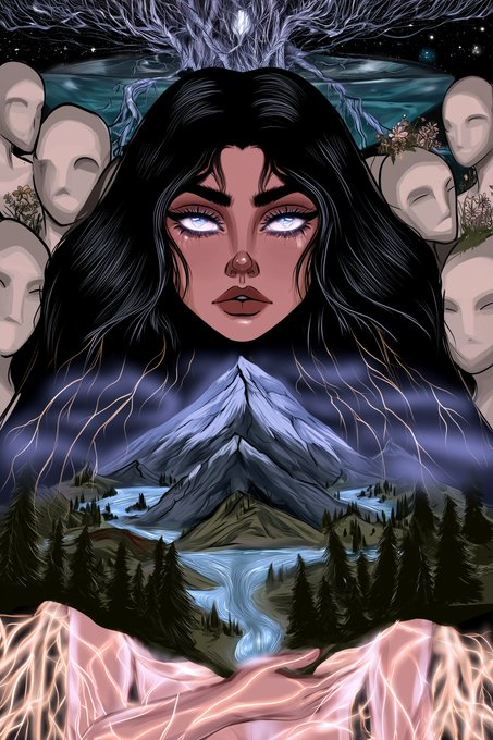 A stylized digital illustration of a dark-haired woman with glowing white eyes surrounded by masked figures, a mystical tree, and a mountain landscape.