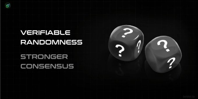 A promotional graphic featuring the text 'VERIFIABLE RANDOMNESS STRONGER CONSENSUS' next to two black dice with white question marks, with a small 'beldex.io' watermark.