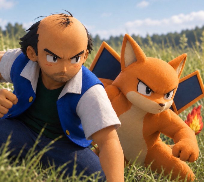 A render of two Pokémon-like characters in a grassy field: a balding man in a blue vest and an orange fox-like creature with large ears.