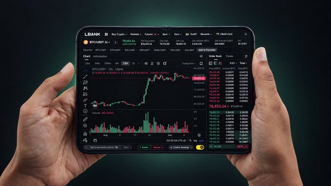 A pair of hands holds an iPad displaying the LBank cryptocurrency exchange app, showing a BTC/USDT live chart for Bitcoin trading at $78,453.24, along with order book data and a candlestick chart. The image humorously illustrates the post's joke about purchasing new Apple devices for a better crypto trading experience.