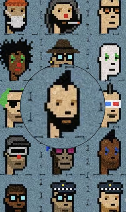 A grid of pixelated character portraits on a blue background, with a circular magnifying glass effect highlighting one specific bearded character in the center.
