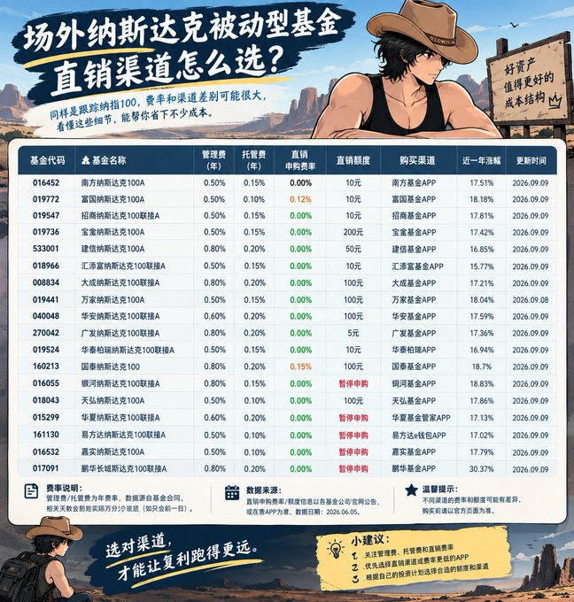 A Chinese infographic titled "场外纳斯达克被动型基金直销渠道怎么选？" (How to Choose Direct Sales Channels for Off-Exchange Nasdaq Passive Funds) presents a detailed comparison table of 20 Nasdaq 100 tracking funds (codes 016452, 019772, 019547, etc.) showing management fees ranging from 0.50%-0.80%, sales fees of 0.10%-0.15%, and direct subscription rates of 0.00%-0.15%, with one-year returns between 15.77%-30.37%. The chart, decorated with a cowboy character illustration, recommends platforms like 南方基金APP, 招商基金APP, and 天弘基金APP, supporting the post's claim that selecting the right direct channel can help investors save on fees for compounding returns.