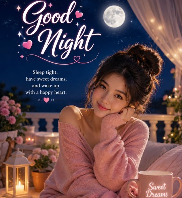 A 'Good Night' greeting card featuring a smiling young woman in a pink sweater, with the text 'Sleep tight, have sweet dreams, and wake up with a happy heart.' and a mug reading 'Sweet Dreams'.