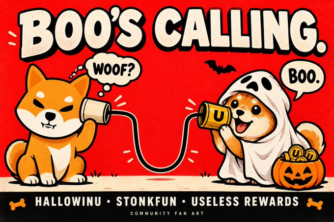Halloween fan art featuring Shiba Inu dogs in a 'Boo's Calling' themed image, with one dog as a ghost saying 'BOO' and another hearing 'WOOF?' through a dog can-phone. Bottom text reads 'HALLOWINU • STONKFUN • USELESS REWARDS - COMMUNITY FAN ART.'