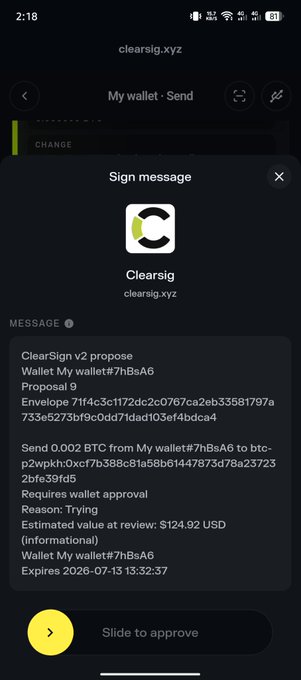 A mobile wallet interface from clearsig.xyz showing a 'Sign message' prompt to approve a transaction for 'Trying' with a 'Slide to approve' button at the bottom.
