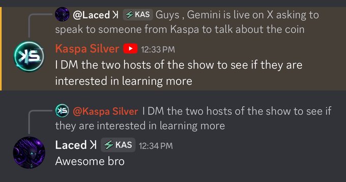 A Discord chat conversation shows users @Laced and Kaspa Silver discussing a Gemini live session on X about the Kaspa (KAS) cryptocurrency, with messages timestamped at 12:33 PM and 12:34 PM.