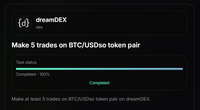 A screenshot shows a completed task on dreamDEX to "Make 5 trades on BTC/USDso token pair," confirming 100% completion. This image serves as visual proof of successfully finishing the third task of Odyssey Week 3 on the dreamDEX platform.