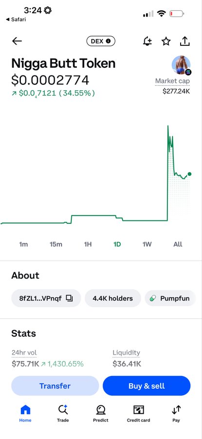 A screenshot of a Coinbase wallet interface displaying the "Nigga Butt Token" priced at $0.0002774, showing a 34.55% price increase with a market cap of $277.24K and 4.4K holders on the Pumpfun DEX, humorously suggested to have been listed by Coinbase CEO Brian Armstrong.
