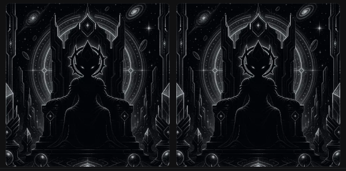The image features an art poster with two black silhouettes of figures sitting side by side, surrounded by intricate patterns resembling planets or stars. The posters are set against a gray background which creates a contrasting effect with their dark figure outlines. The image is accompanied by text that talks about minting these figures for free and is linked to the price of 0.019E, suggesting some sort of auction or trade happening in the world of digital art.