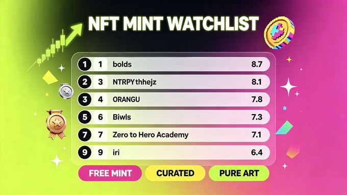 An 'NFT MINT WATCHLIST' graphic displaying a ranked list of NFT projects including bolds, NTRPYthhejz, ORANGU, Biwls, Zero to Hero Academy, and iri with their scores.